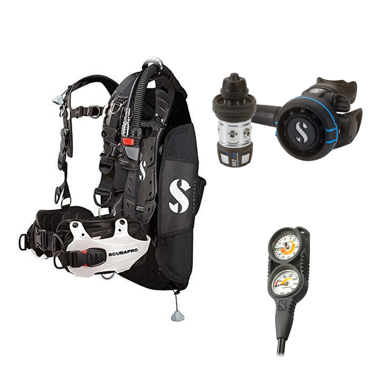 SCUBAPRO MK2 EVO / R105 regulator set with R105 octopus and Hydros Pro Mens BCD in white, with Compact Combo 2