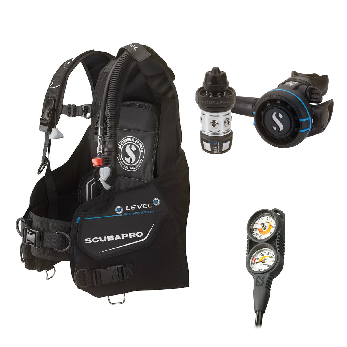 SCUBAPRO MK2 EVO / R105 regulator set with R105 octopus and Level BCD, with Compact Combo 2