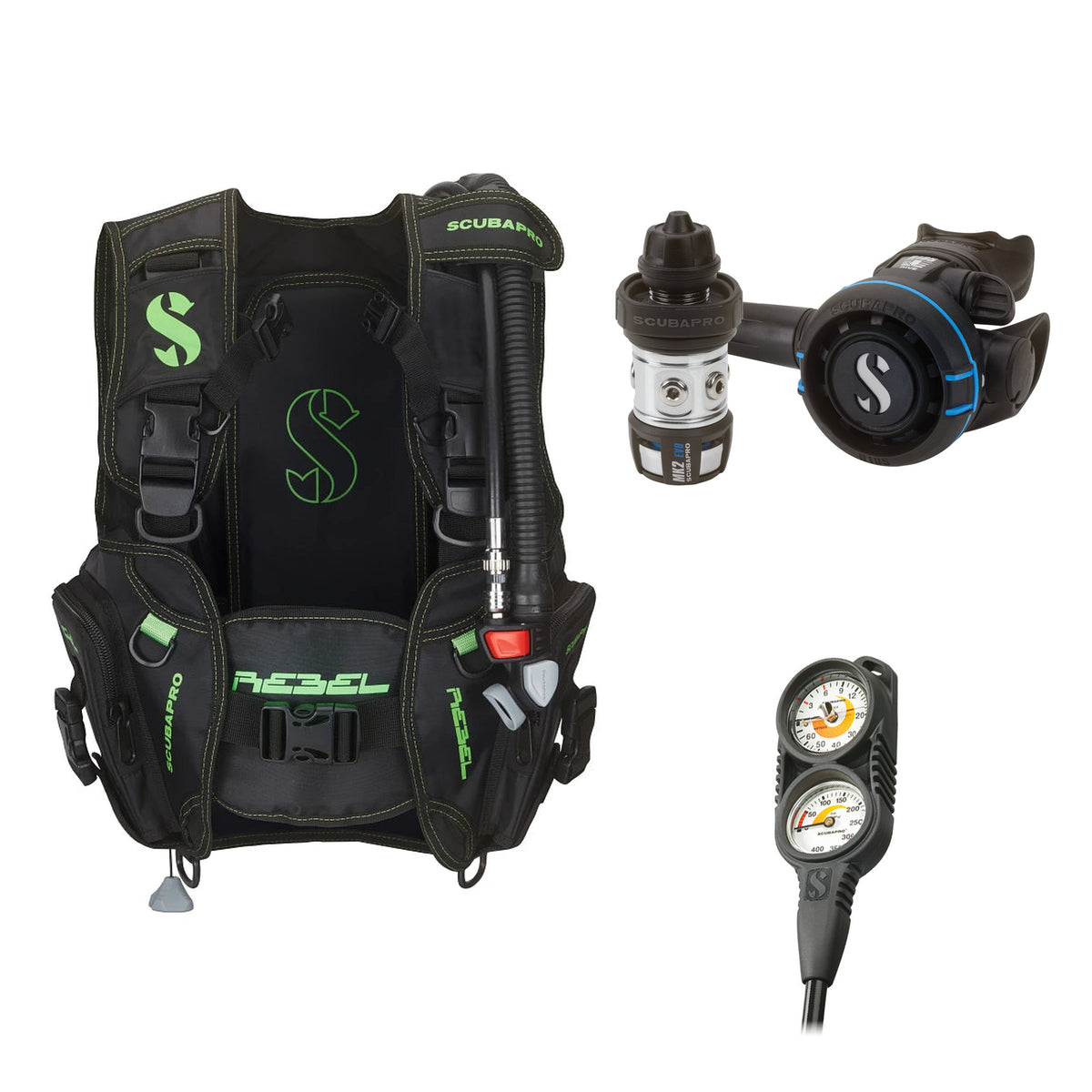 SCUBAPRO MK2 EVO / R105 regulator set with R105 octopus and Rebel V2 BCD, with Compact Combo 2