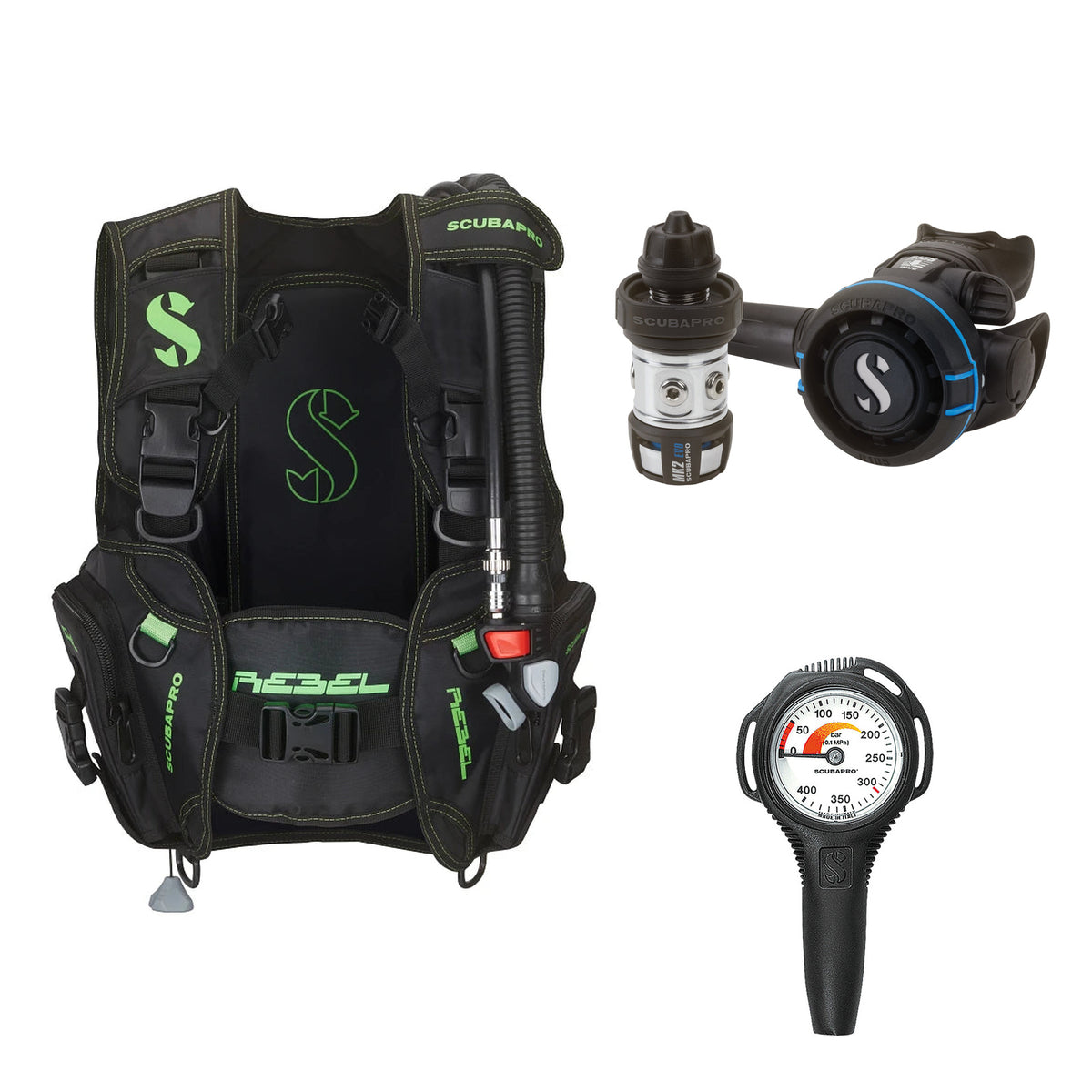 SCUBAPRO MK2 EVO / R105 regulator set with R105 octopus and Rebel V2 BCD, with Compact SPG