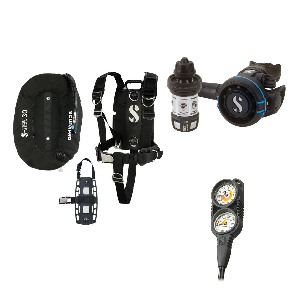 SCUBAPRO MK2 EVO / R105 regulator set with R105 octopus and S-TEK Pro BCD (stainless steel)