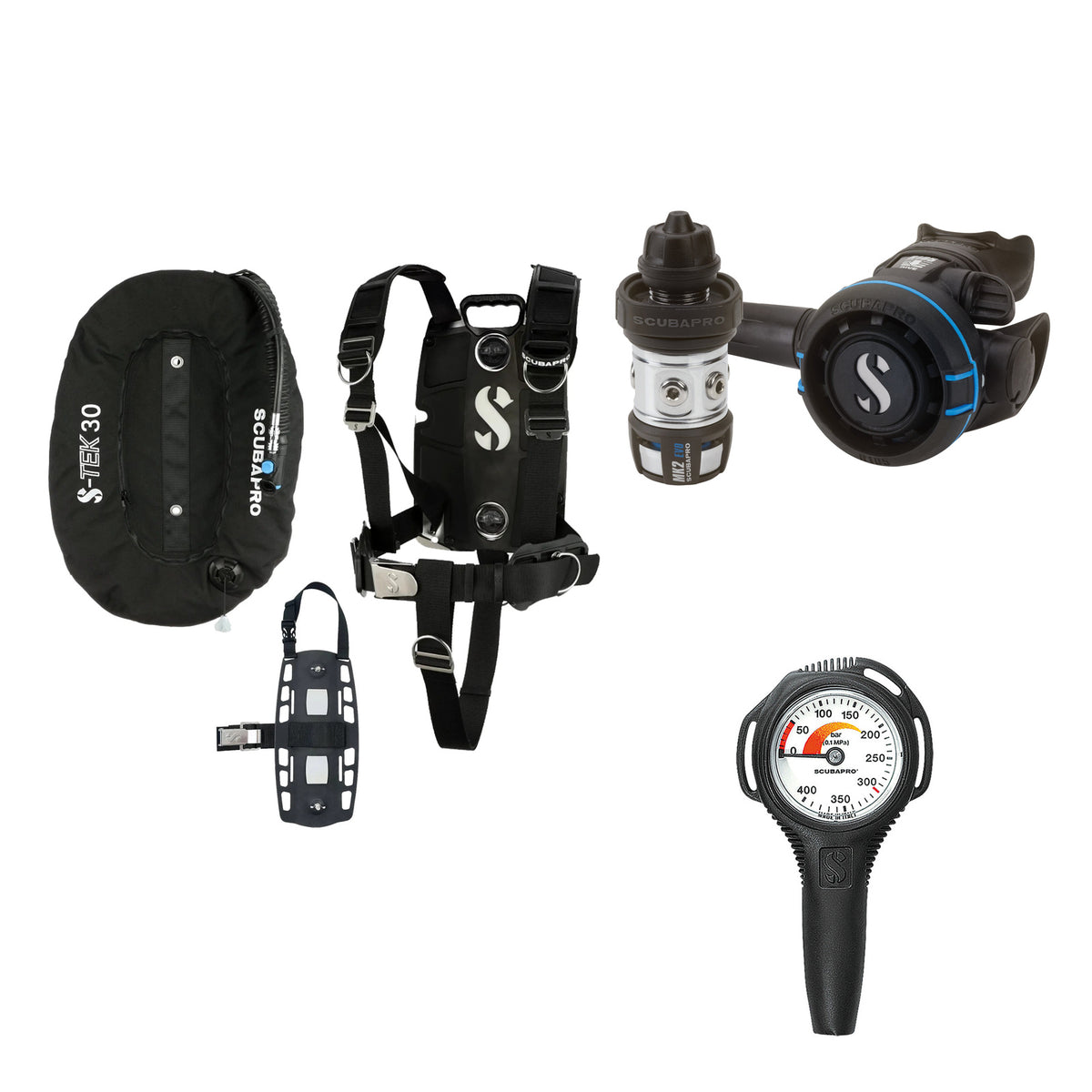 SCUBAPRO MK2 EVO / R105 regulator set with R105 octopus and S-TEK Pro BCD (stainless steel)