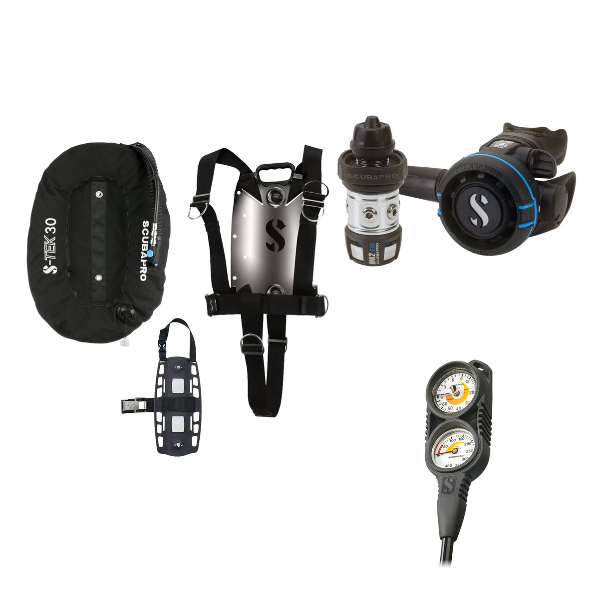 SCUBAPRO MK2 EVO / R105 regulator set with R105 octopus and S-TEK Pure BCD (stainless steel), with Compact Combo 2
