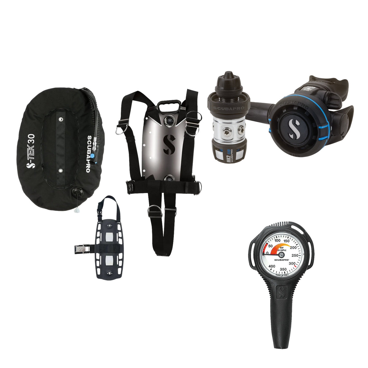 SCUBAPRO MK2 EVO / R105 regulator set with R105 octopus and S-TEK Pure BCD (stainless steel), with Compact SPG