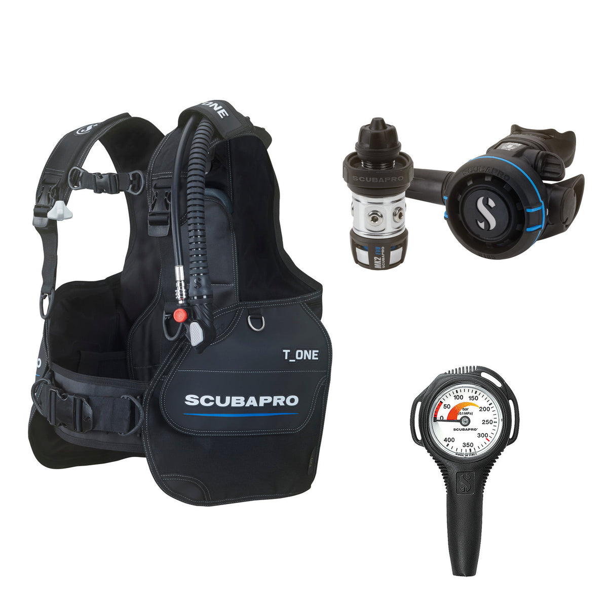 SCUBAPRO MK2 EVO / R105 regulator set with R105 octopus and T-One BCD, with Compact SPG