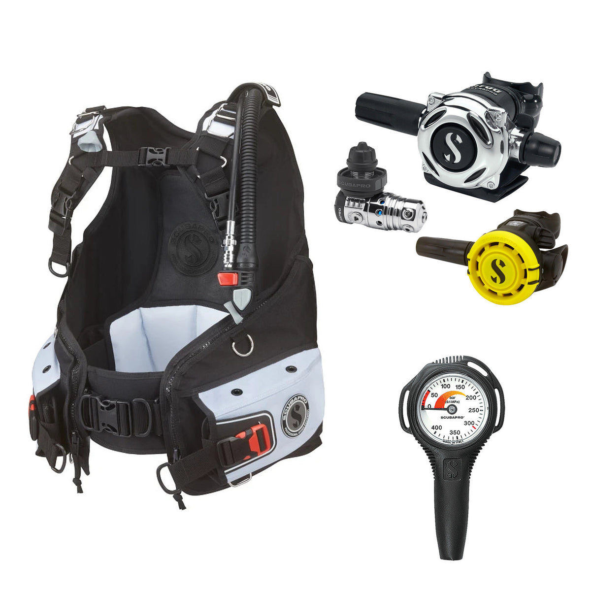 SCUBAPRO MK25 EVO / A700 regulator set with R105 octopus and Bella BCD, with Compact SPG