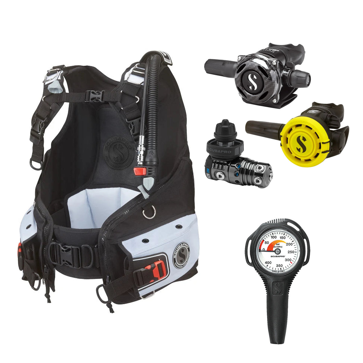 SCUBAPRO MK25 EVO / A700 Carbon BT regulator set with R105 octopus and Bella BCD, with Compact SPG