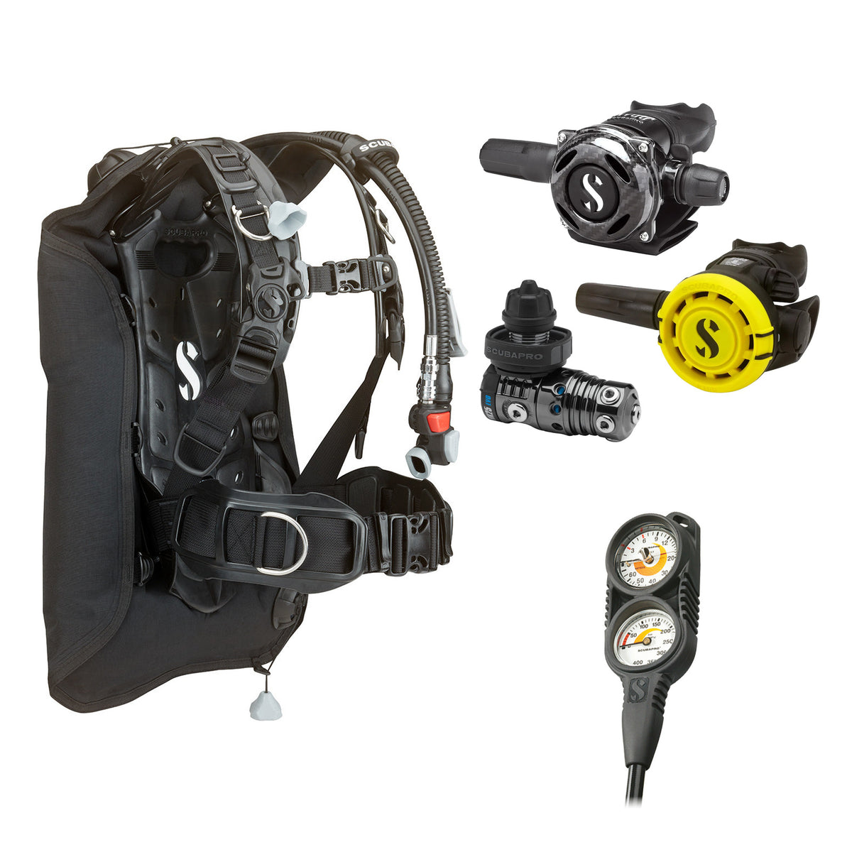 SCUBAPRO MK25 EVO / A700 Carbon BT regulator set with R105 octopus and Hydros Core BCD, with Compact Combo 2