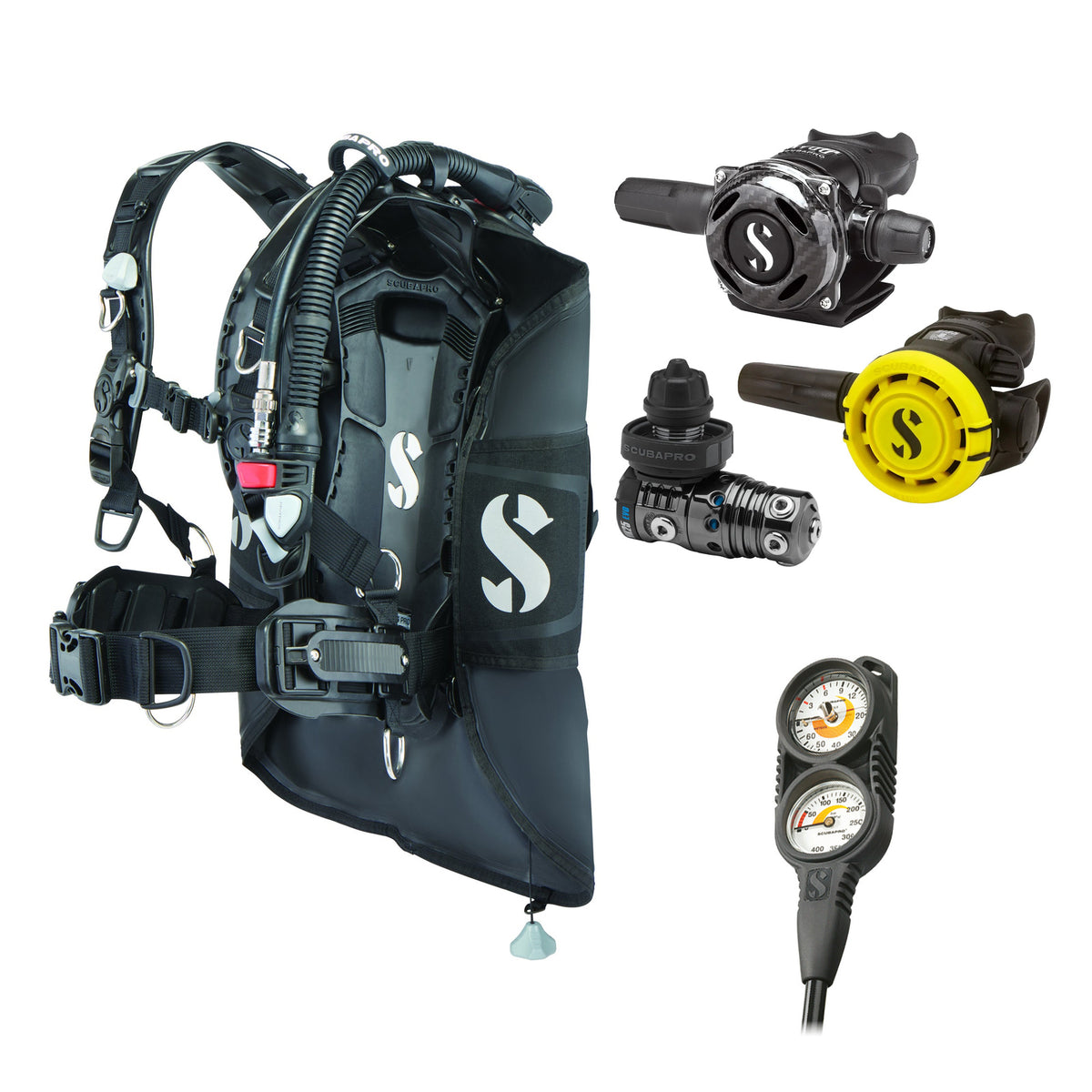 SCUBAPRO MK25 EVO / A700 Carbon BT regulator set with R105 octopus and Hydros Pro 2 BCD, with Compact Combo 2