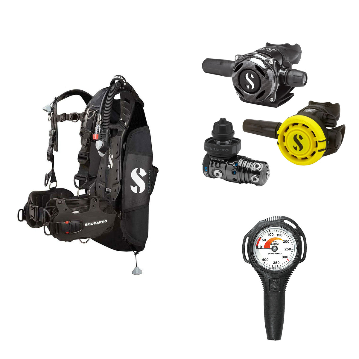 SCUBAPRO MK25 EVO / A700 Carbon BT regulator set with R105 octopus and Hydros Pro Ladies BCD in black, with Compact SPG