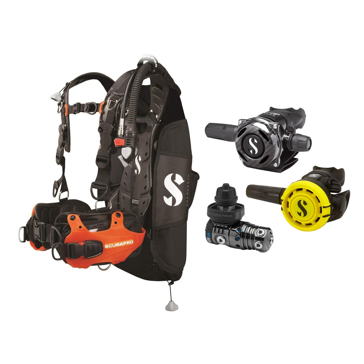 SCUBAPRO MK25 EVO / A700 Carbon BT regulator set with R105 octopus and Hydros Pro Ladies BCD in orange