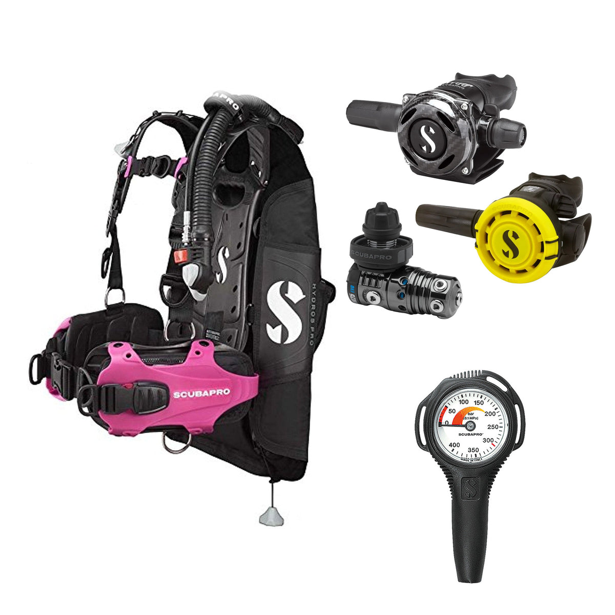 SCUBAPRO MK25 EVO / A700 Carbon BT regulator set with R105 octopus and Hydros Pro Ladies BCD in pink, with Compact SPG
