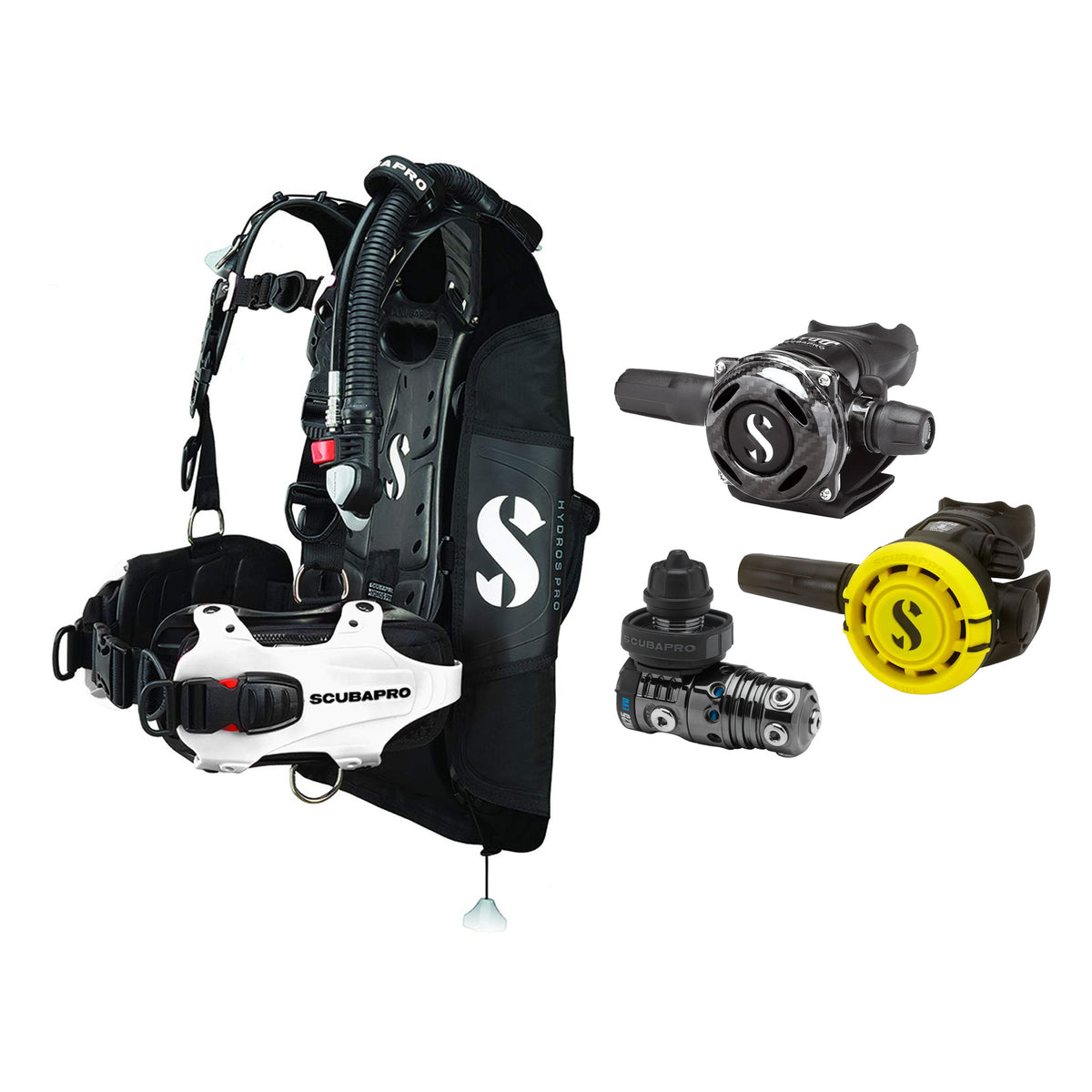 SCUBAPRO MK25 EVO / A700 Carbon BT regulator set with R105 octopus and Hydros Pro Ladies BCD in white