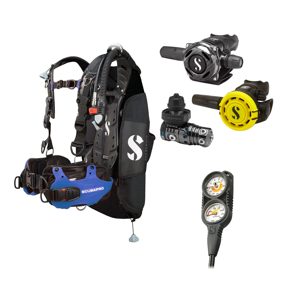 SCUBAPRO MK25 EVO / A700 Carbon BT regulator set with R105 octopus and Hydros Pro Mens BCD in blue, with Compact Combo 2