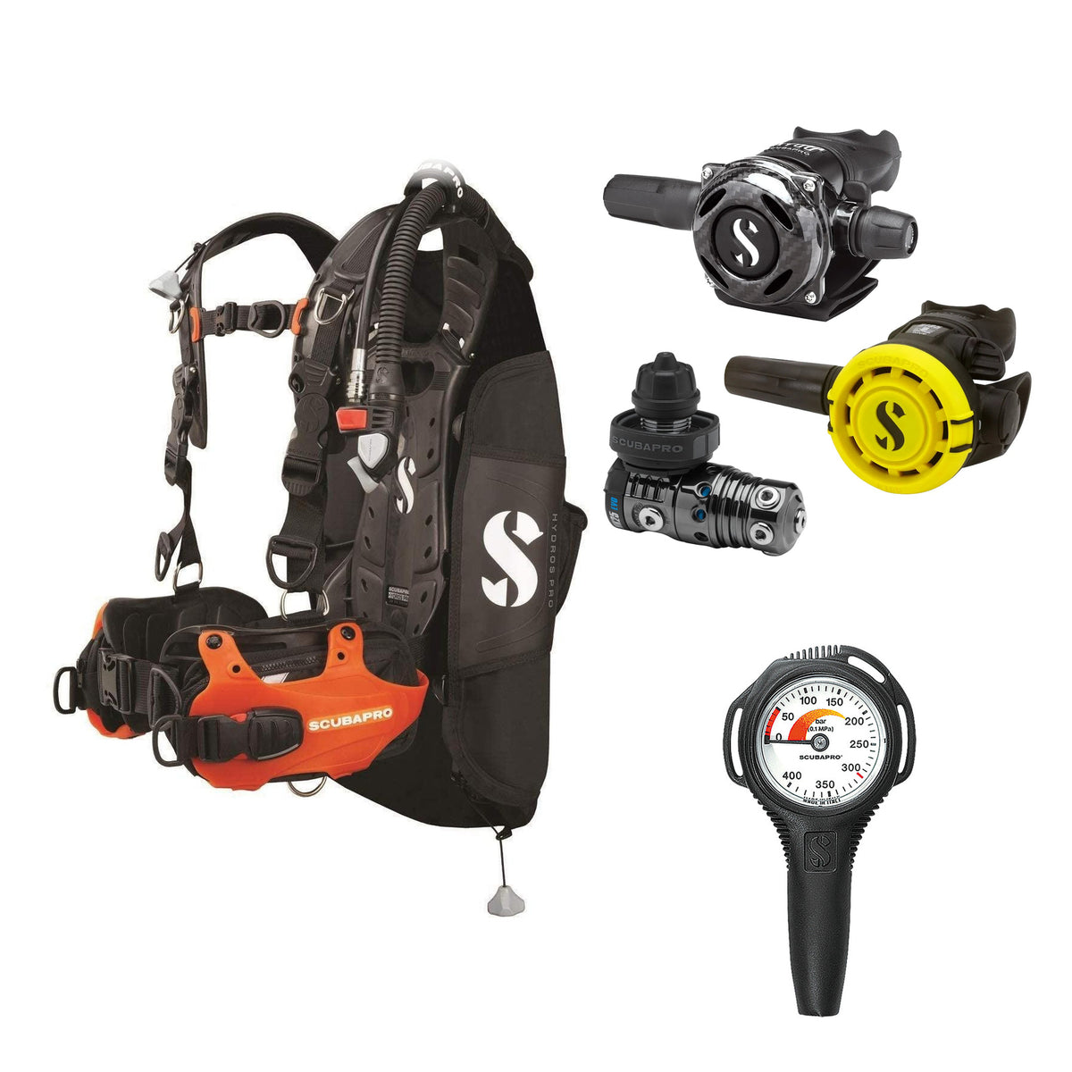 SCUBAPRO MK25 EVO / A700 Carbon BT regulator set with R105 octopus and Hydros Pro Mens BCD in orange, with Compact SPG