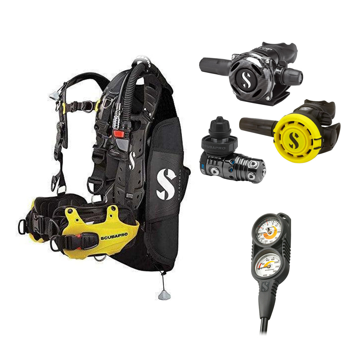 SCUBAPRO MK25 EVO / A700 Carbon BT regulator set with R105 octopus and Hydros Pro Mens BCD in yellow, with Compact Combo 2