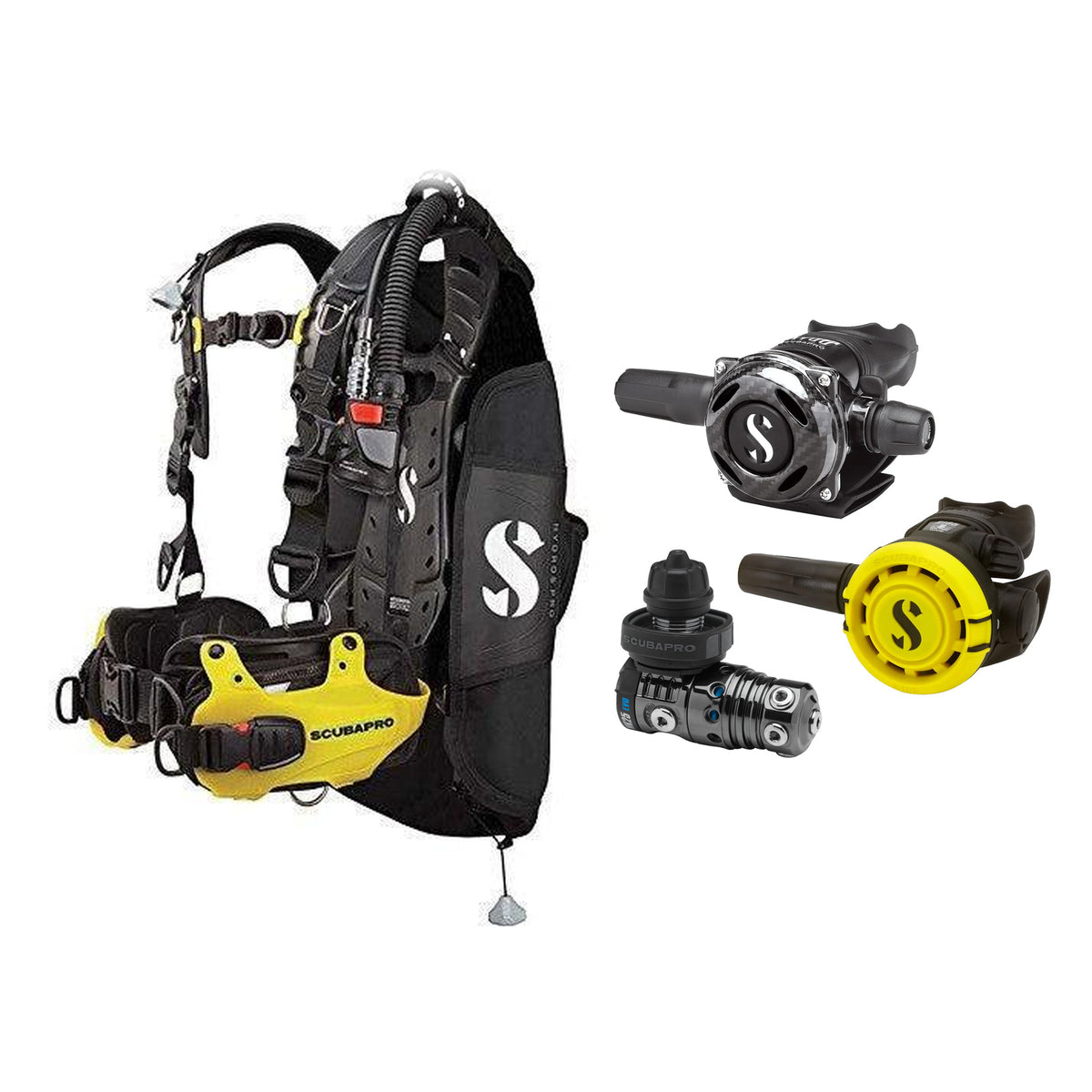 SCUBAPRO MK25 EVO / A700 Carbon BT regulator set with R105 octopus and Hydros Pro Mens BCD in yellow