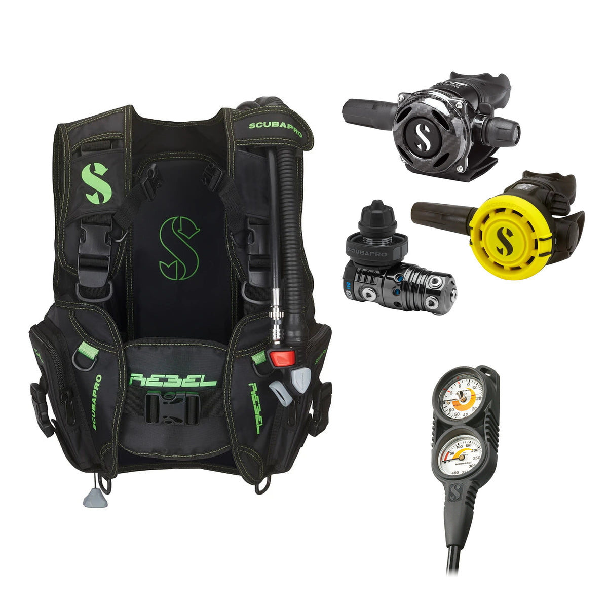 SCUBAPRO MK25 EVO / A700 Carbon BT regulator set with R105 octopus and Rebel V2 BCD