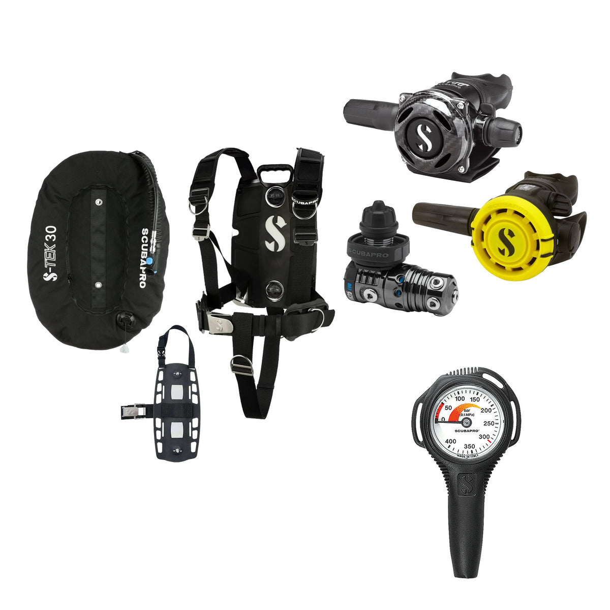 SCUBAPRO MK25 EVO / A700 Carbon BT regulator set with R105 octopus and S-TEK Pro BCD (stainless steel)