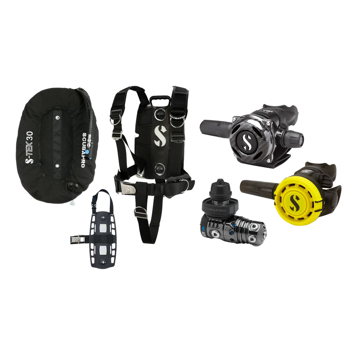 SCUBAPRO MK25 EVO / A700 Carbon BT regulator set with R105 octopus and S-TEK Pro BCD (stainless steel)
