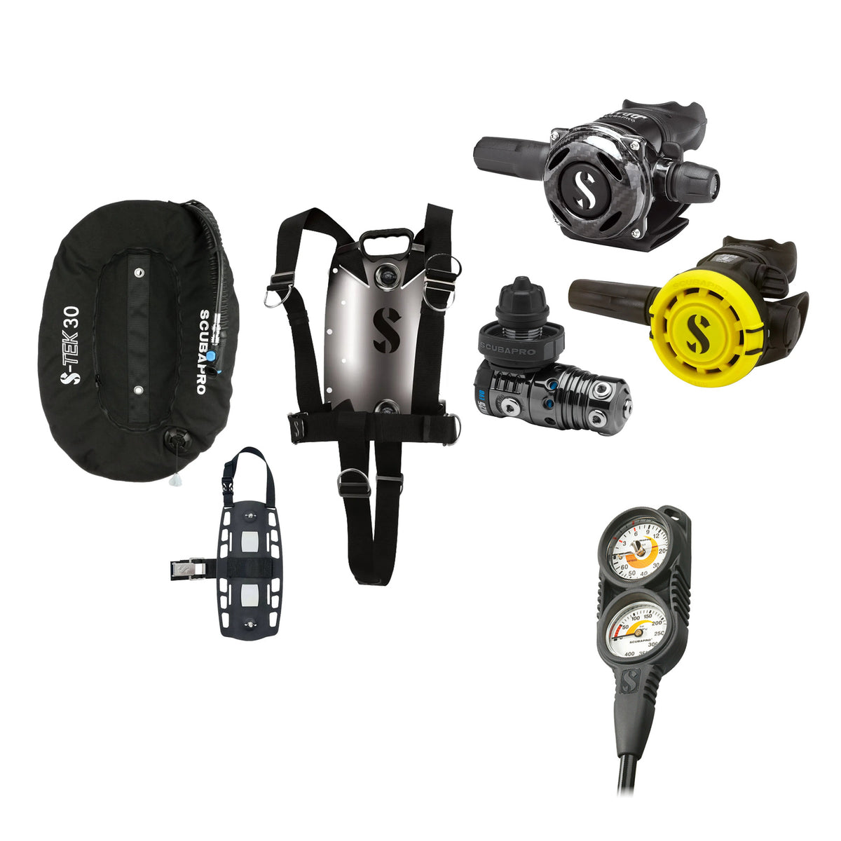 SCUBAPRO MK25 EVO / A700 Carbon BT regulator set with R105 octopus and S-TEK Pure BCD (stainless steel)