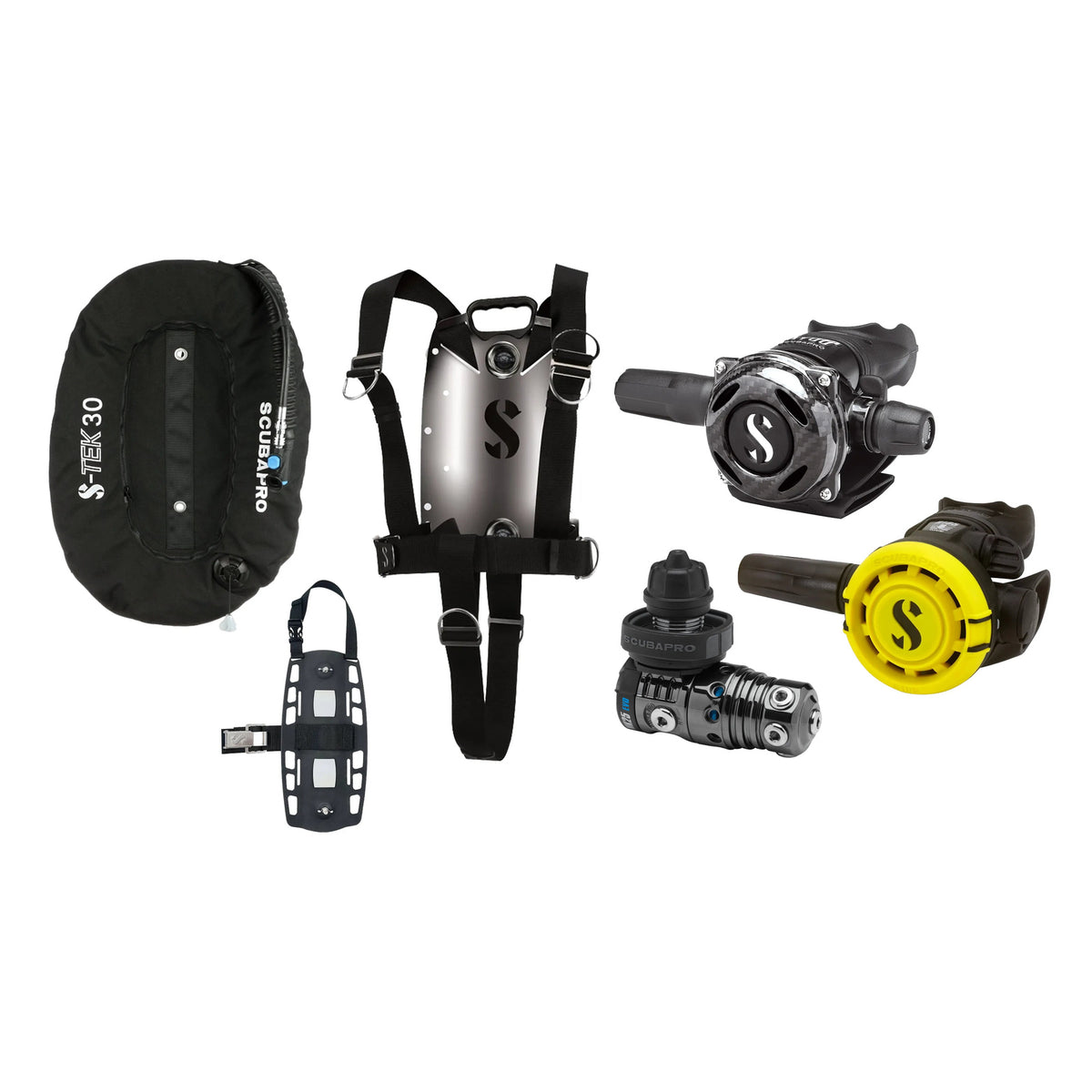 SCUBAPRO MK25 EVO / A700 Carbon BT regulator set with R105 octopus and S-TEK Pure BCD (stainless steel)
