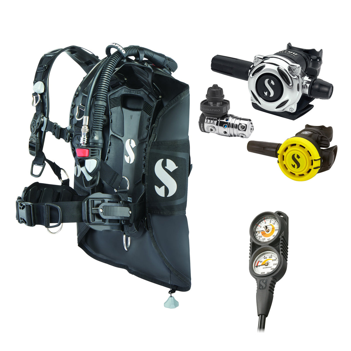 SCUBAPRO MK25 EVO / A700 regulator set with R105 octopus and Hydros Pro 2 BCD, with Compact Combo 2