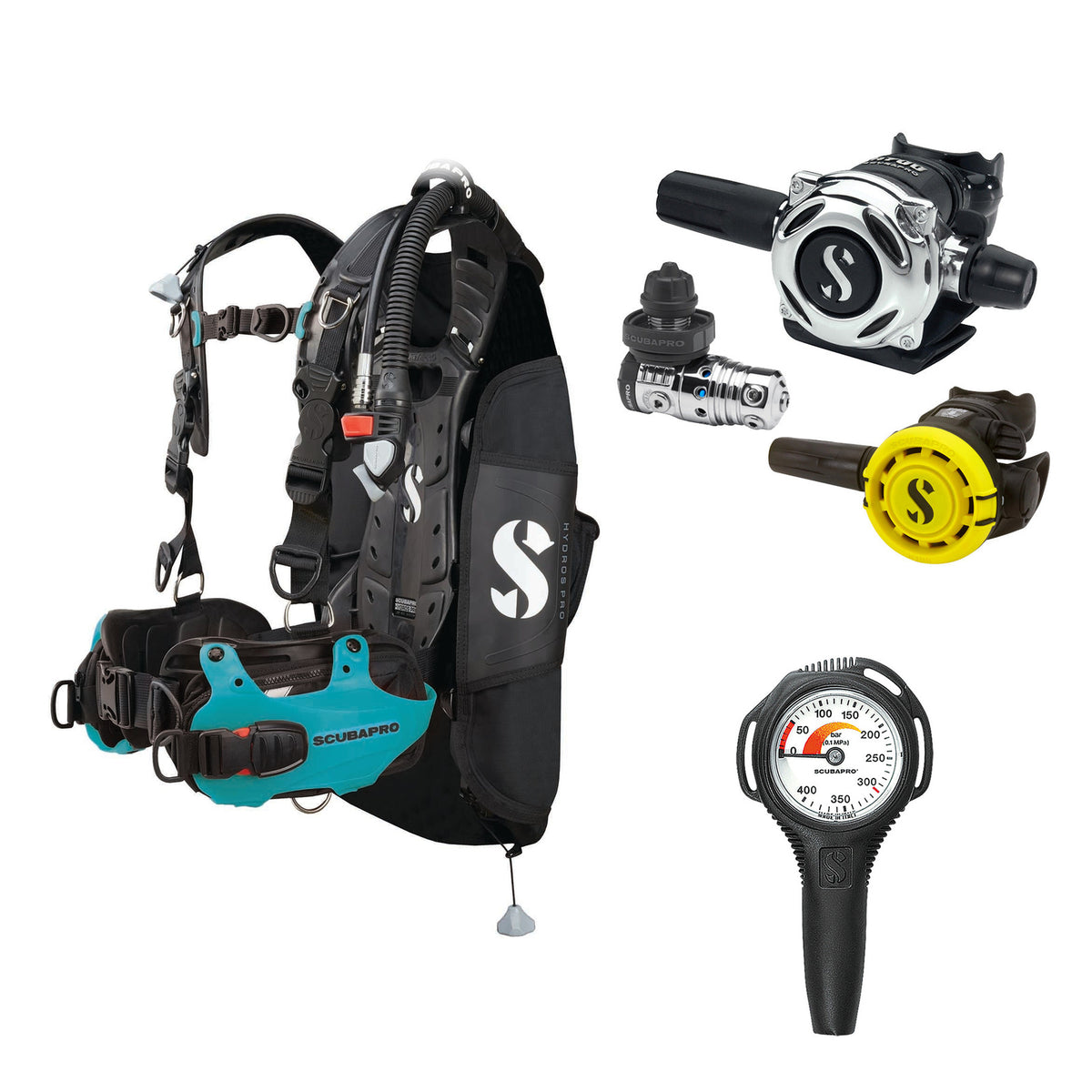 SCUBAPRO MK25 EVO / A700 regulator set with R105 octopus and Hydros Pro Ladies BCD in turquoise, with Compact SPG