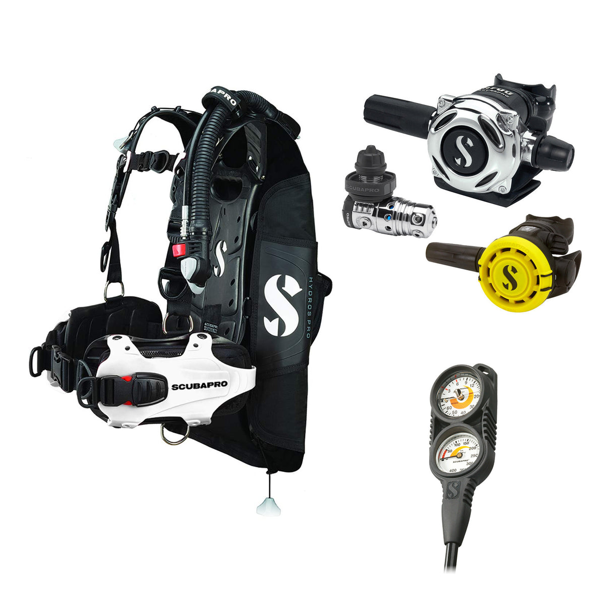 SCUBAPRO MK25 EVO / A700 regulator set with R105 octopus and Hydros Pro Ladies BCD in white, with Compact Combo 2