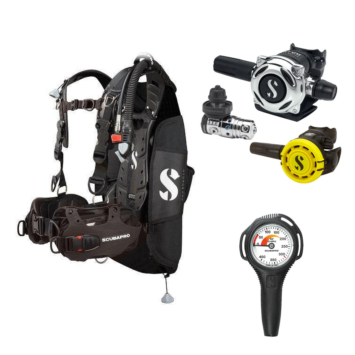 SCUBAPRO MK25 EVO / A700 regulator set with R105 octopus and Hydros Pro Mens BCD in all black, with Compact SPG