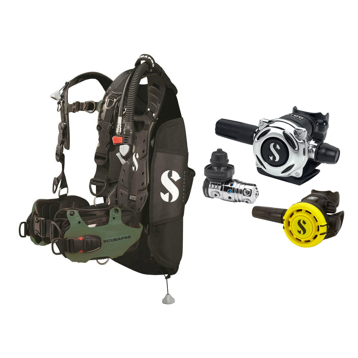 SCUBAPRO MK25 EVO / A700 regulator set with R105 octopus and Hydros Pro Mens BCD in army green