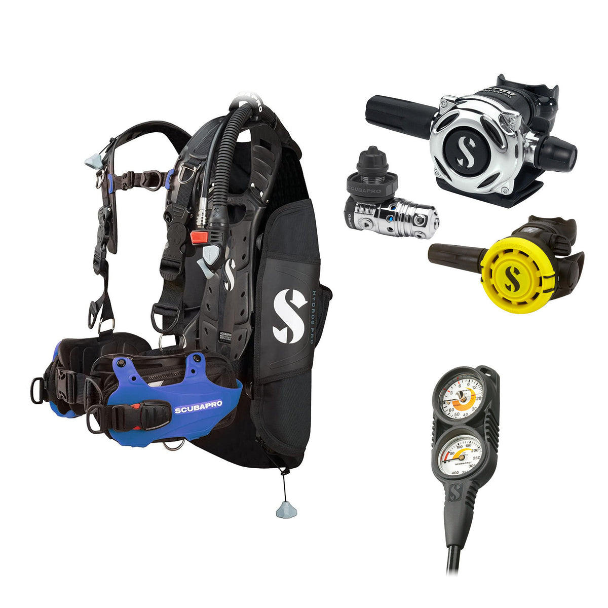 SCUBAPRO MK25 EVO / A700 regulator set with R105 octopus and Hydros Pro Mens BCD in blue, with Compact Combo 2