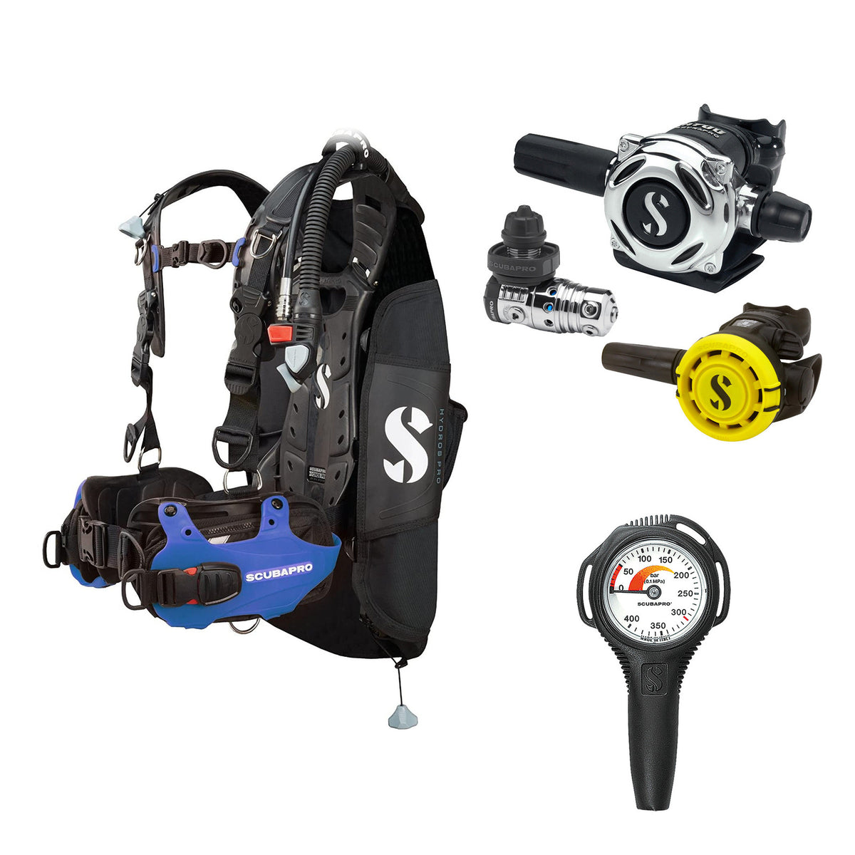SCUBAPRO MK25 EVO / A700 regulator set with R105 octopus and Hydros Pro Mens BCD in blue, with Compact SPG
