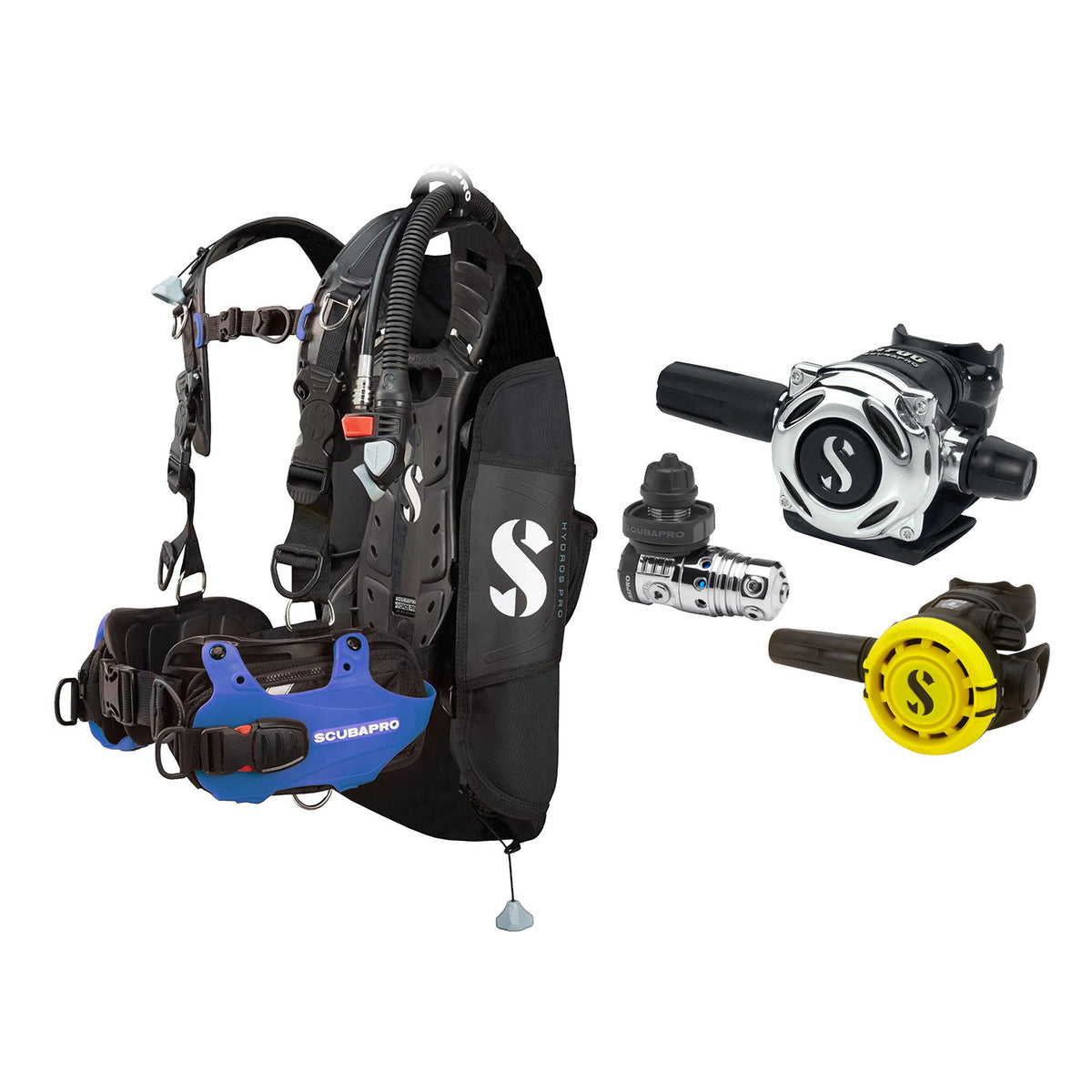 SCUBAPRO MK25 EVO / A700 regulator set with R105 octopus and Hydros Pro Mens BCD in blue