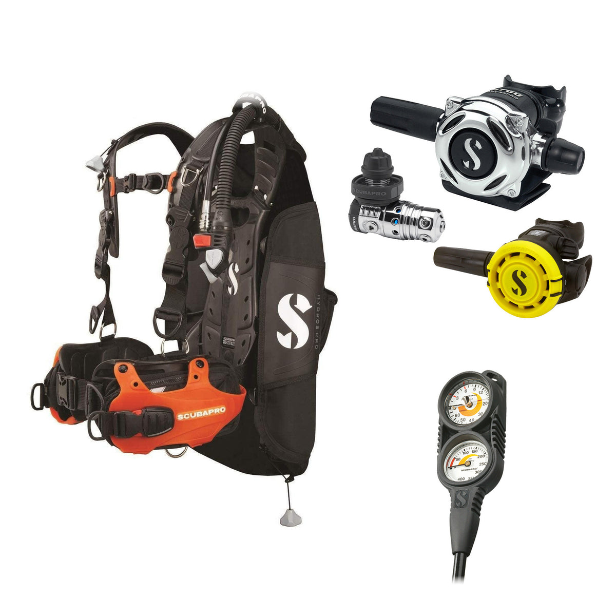 SCUBAPRO MK25 EVO / A700 regulator set with R105 octopus and Hydros Pro Mens BCD in orange, with Compact Combo 2