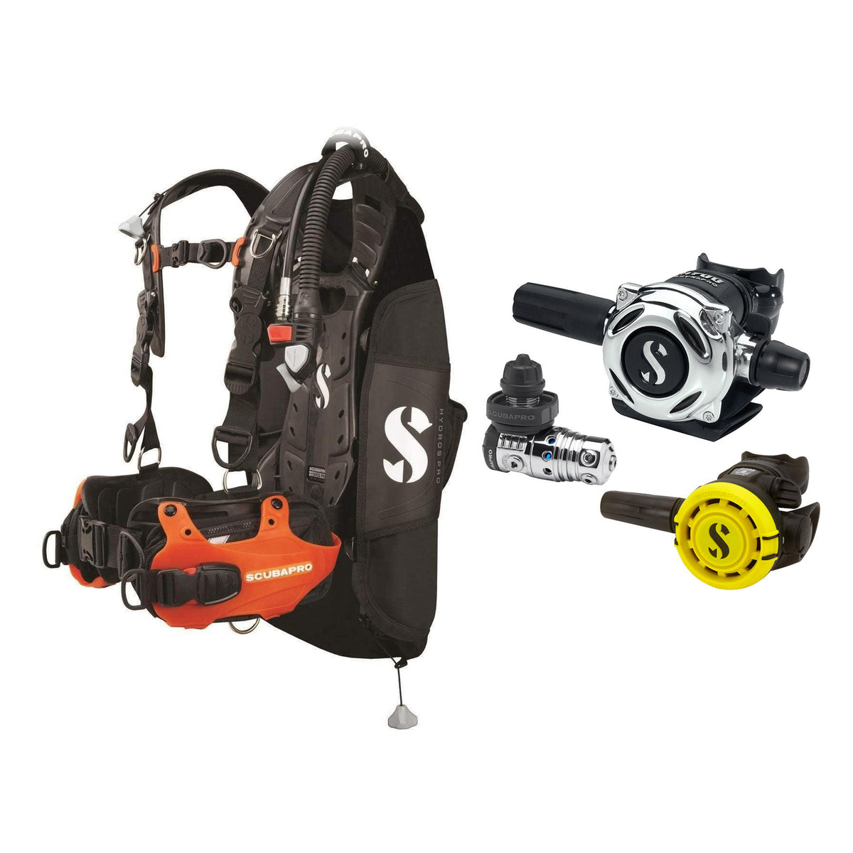 SCUBAPRO MK25 EVO / A700 regulator set with R105 octopus and Hydros Pro Mens BCD in orange