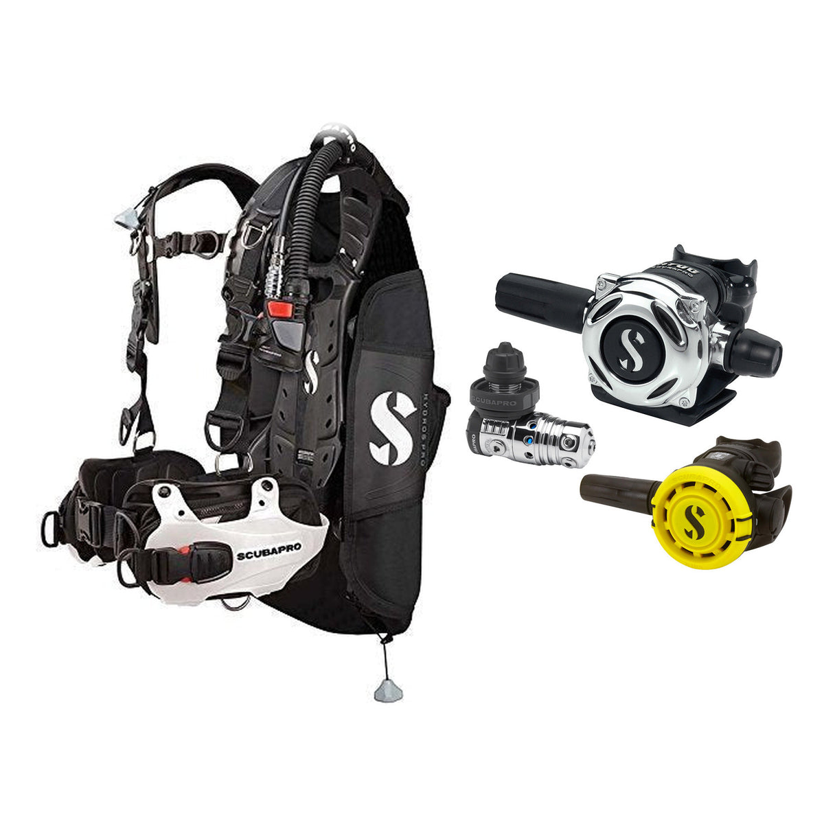 SCUBAPRO MK25 EVO / A700 regulator set with R105 octopus and Hydros Pro Mens BCD in white