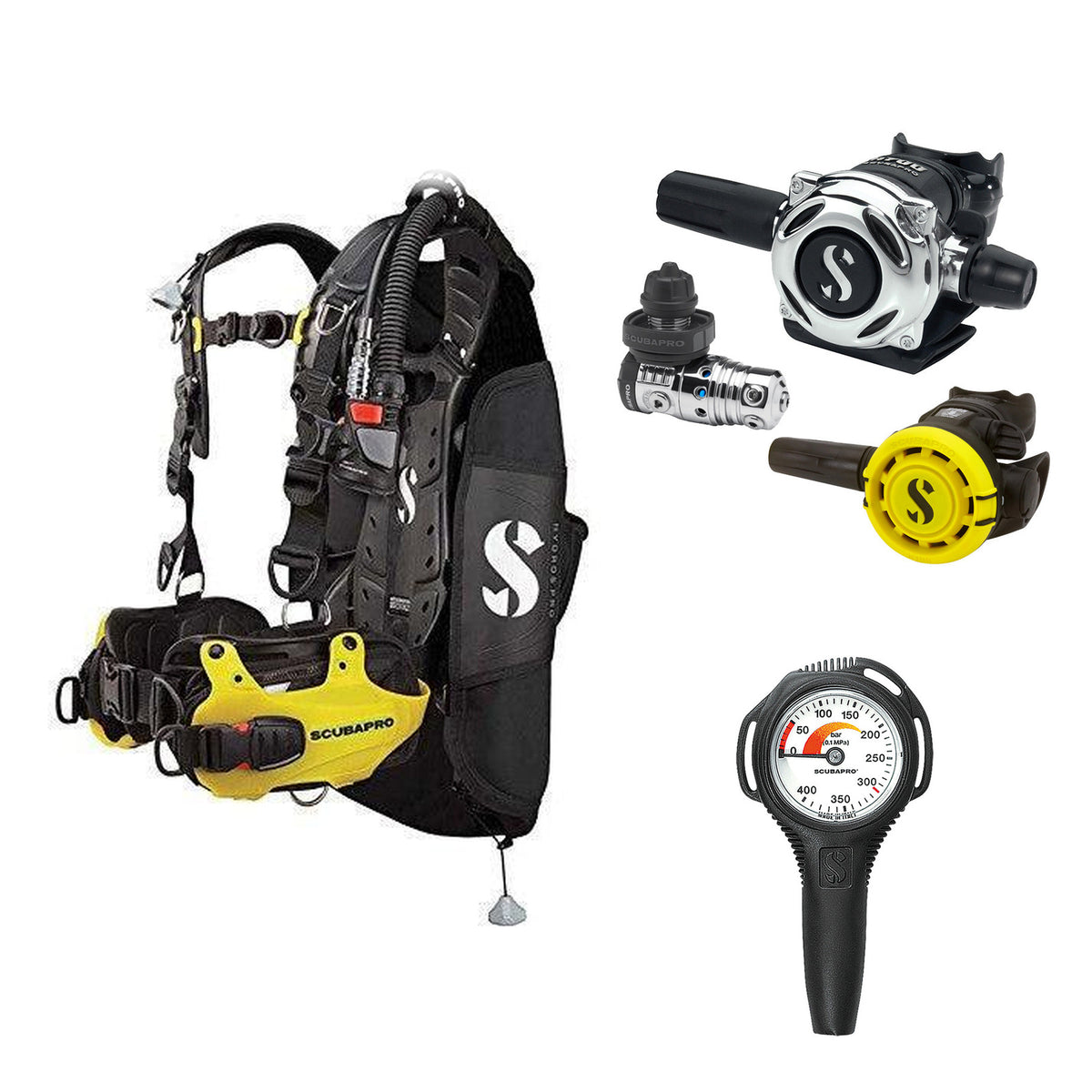 SCUBAPRO MK25 EVO / A700 regulator set with R105 octopus and Hydros Pro Mens BCD in yellow, with Compact SPG