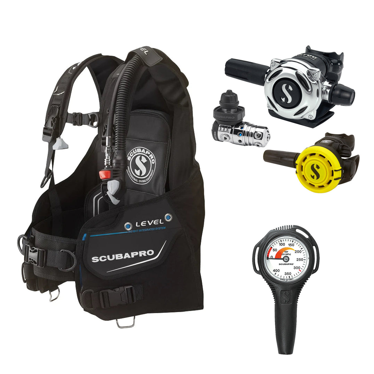 SCUBAPRO MK25 EVO / A700 regulator set with R105 octopus and Level BCD, with Compact SPG
