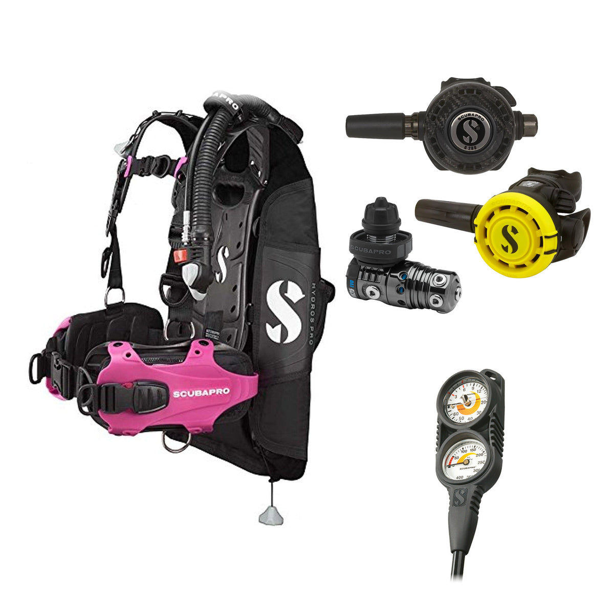 SCUBAPRO MK25 EVO / G260 CBT regulator set with R105 octopus and Hydros Pro Ladies BCD in pink, with Compact Combo 2