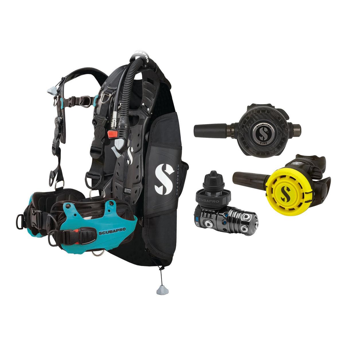 SCUBAPRO MK25 EVO / G260 CBT regulator set with R105 octopus and Hydros Pro Ladies BCD in turquoise