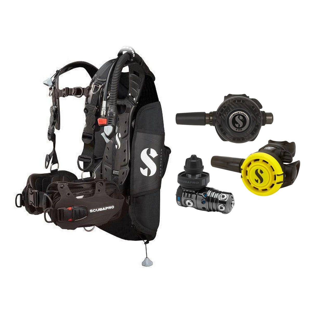 SCUBAPRO MK25 EVO / G260 CBT regulator set with R105 octopus and Hydros Pro Mens BCD in all black