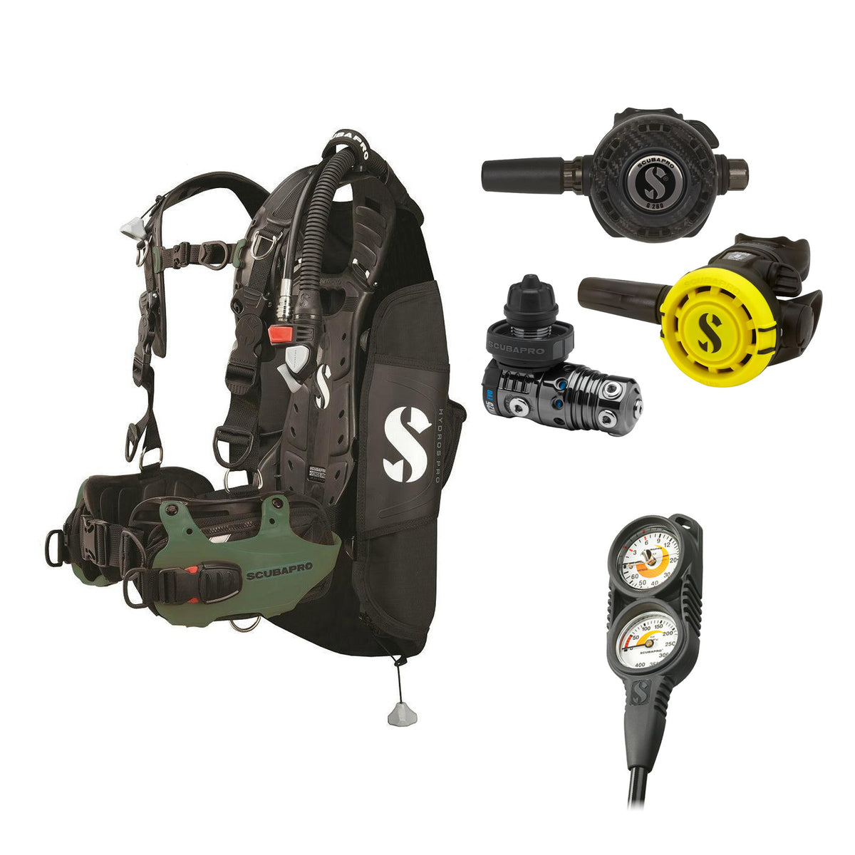 SCUBAPRO MK25 EVO / G260 CBT regulator set with R105 octopus and Hydros Pro Mens BCD in army green, with Compact Combo 2