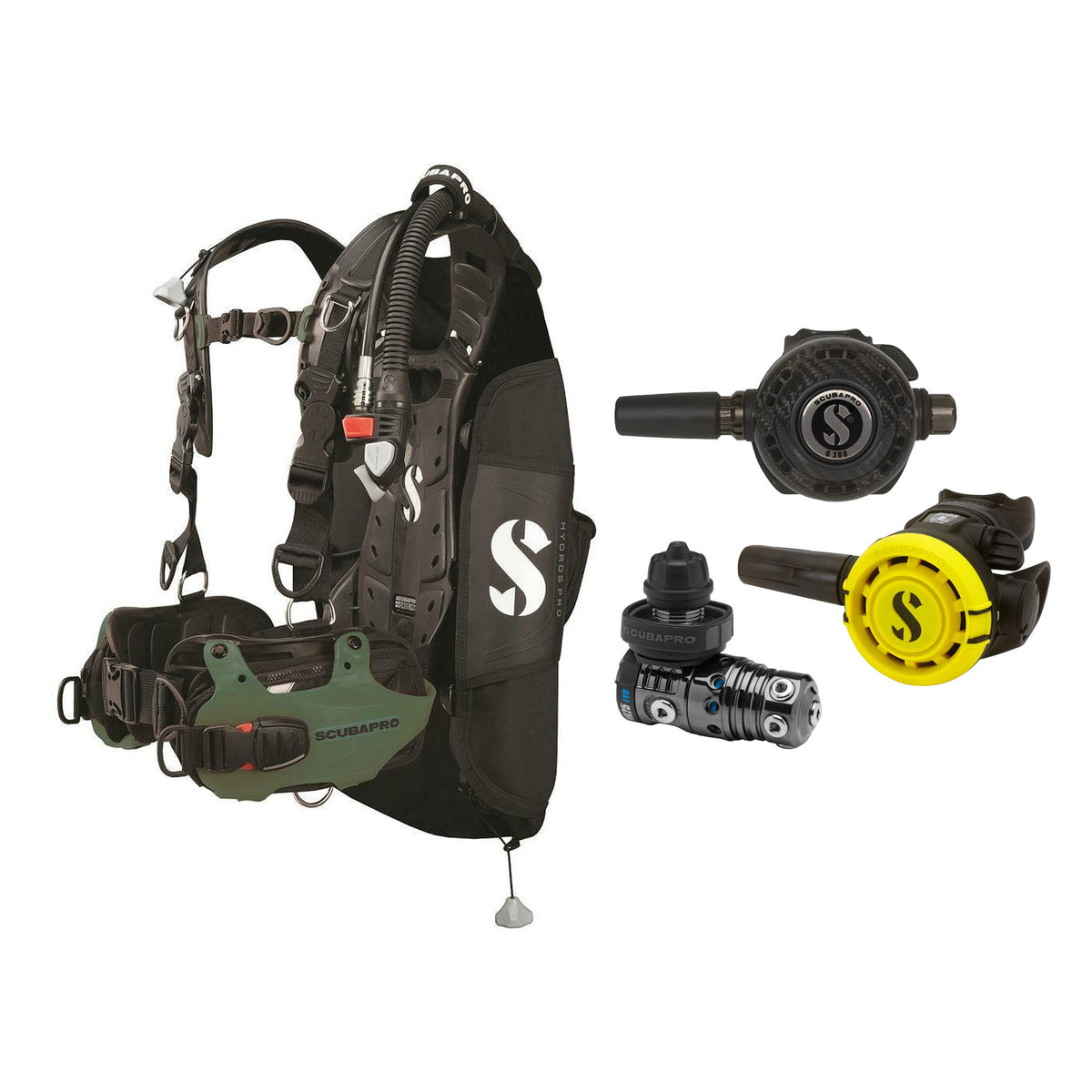 SCUBAPRO MK25 EVO / G260 CBT regulator set with R105 octopus and Hydros Pro Mens BCD in army green