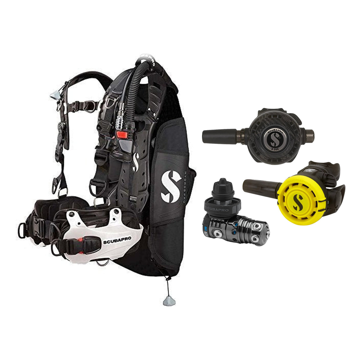 SCUBAPRO MK25 EVO / G260 CBT regulator set with R105 octopus and Hydros Pro Mens BCD in white