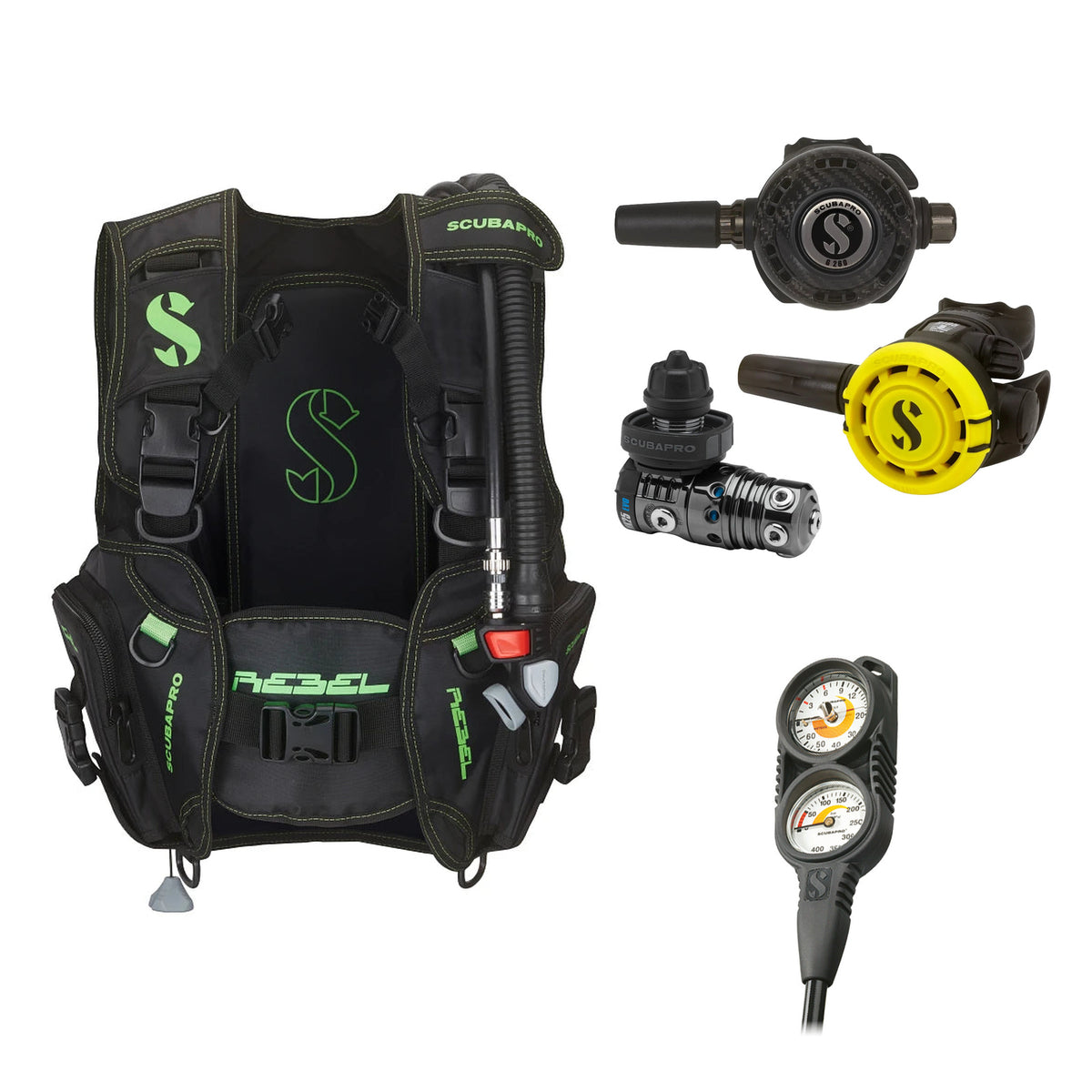 SCUBAPRO MK25 EVO / G260 CBT regulator set with R105 octopus and Rebel V2 BCD