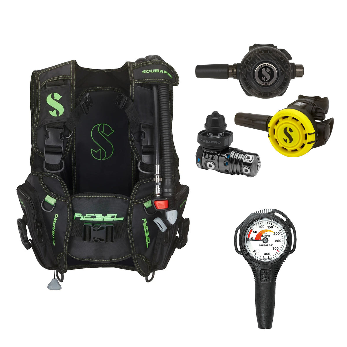 SCUBAPRO MK25 EVO / G260 CBT regulator set with R105 octopus and Rebel V2 BCD