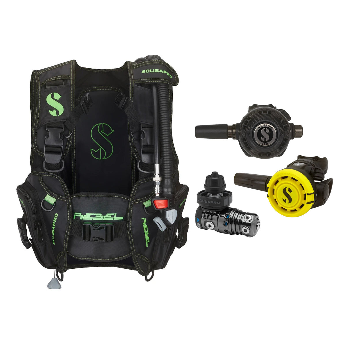 SCUBAPRO MK25 EVO / G260 CBT regulator set with R105 octopus and Rebel V2 BCD