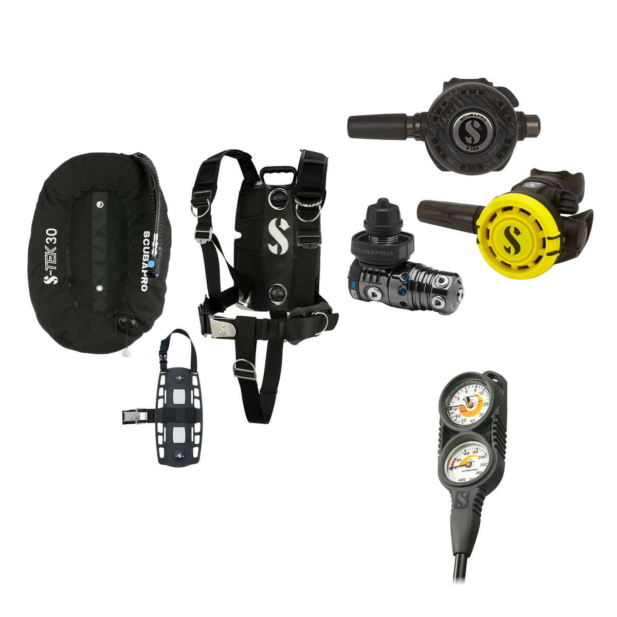 SCUBAPRO MK25 EVO / G260 CBT regulator set with R105 octopus and S-TEK Pro BCD (stainless steel)