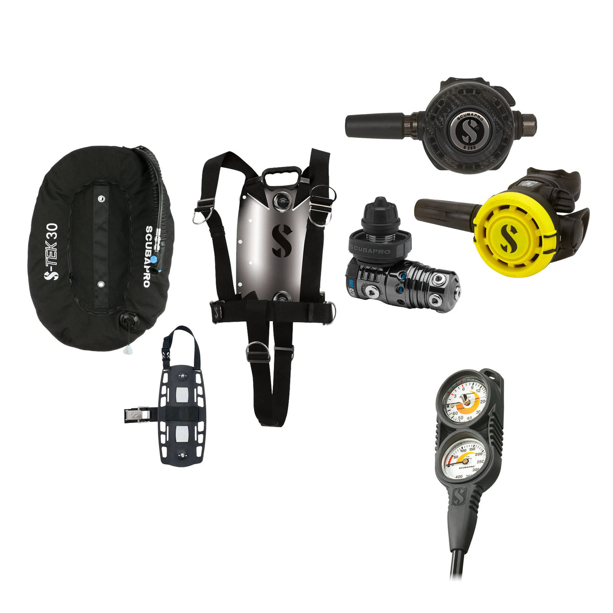 SCUBAPRO MK25 EVO / G260 CBT regulator set with R105 octopus and S-TEK Pure BCD (stainless steel)